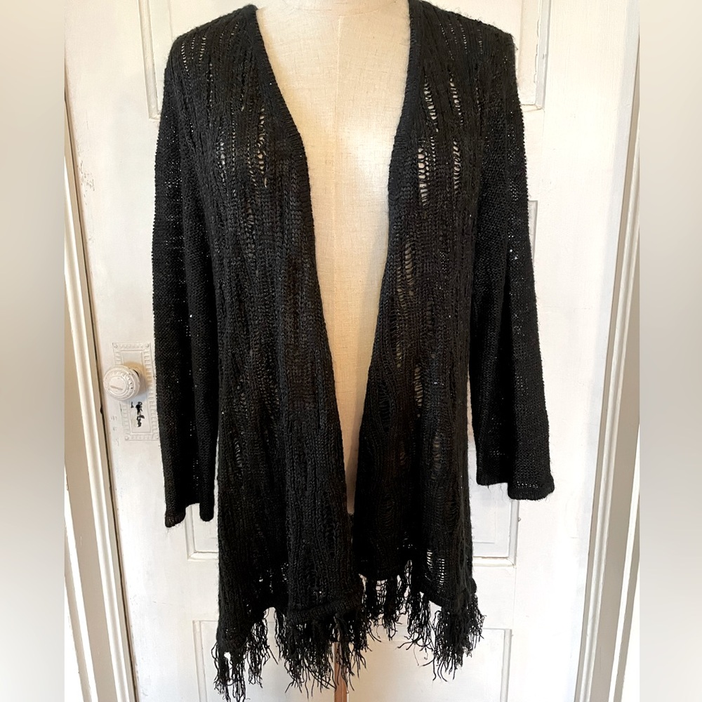 Choices Black Sparkle Sweater Open Cardigan Fringe XL